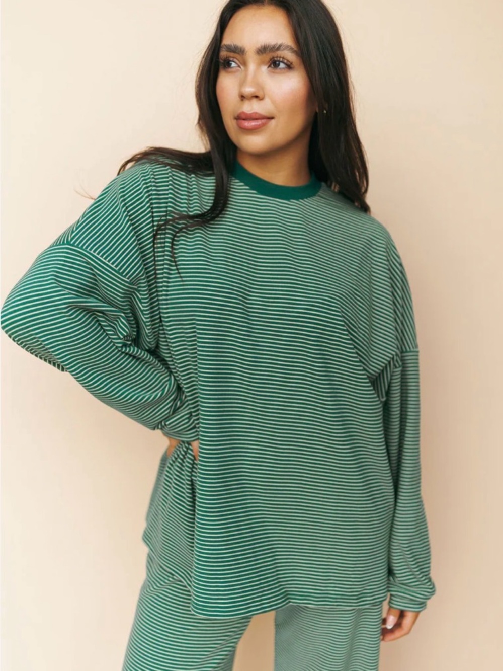Women’s Green Striped Long-Sleeve Crewneck set